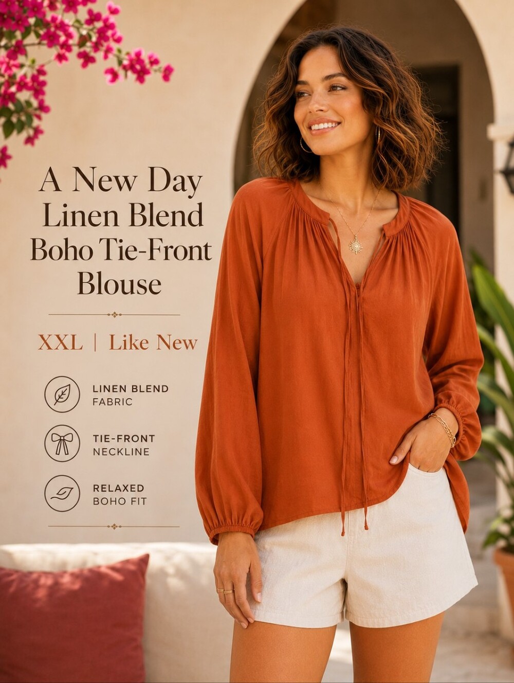 A New Day Linen Blend Boho Tie-Front Blouse XXL | Rust Orange Relaxed Boho Top |